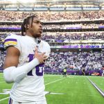 Minnesota Vikings wide receiver Justin Jefferson (18) celebrates the win after the game against the New York Giants at U.S. Bank Stadium.