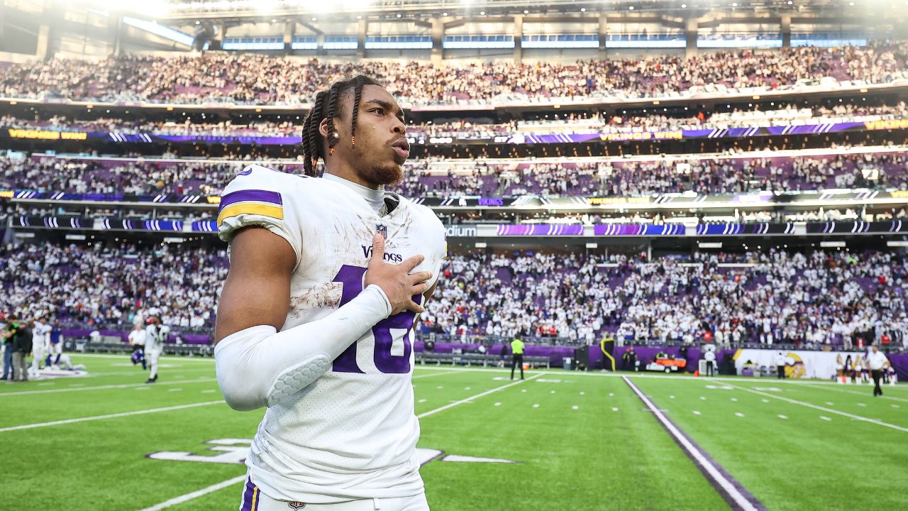 Minnesota Vikings wide receiver Justin Jefferson (18) celebrates the win after the game against the New York Giants at U.S. Bank Stadium.