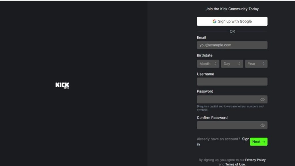how to sign up for Kick streaming platform