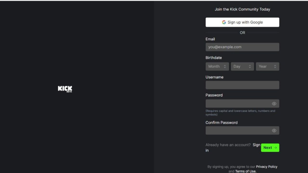 how to sign up for Kick streaming platform