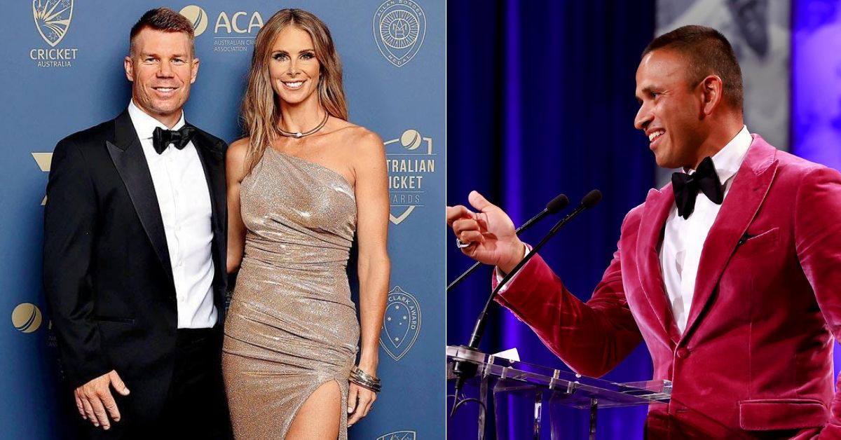 "David Warner turned up everyone": Usman Khawaja jokes around David Warner and Candice Warner posing for cameras during Cricket Australia's annual awards
