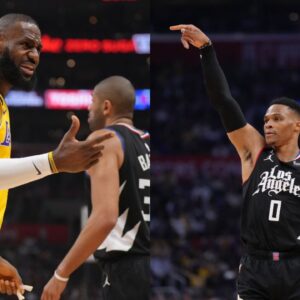 WATCH: Russell Westbrook Points at Former Lakers Teammate LeBron James After Drilling a Jumper Over Him