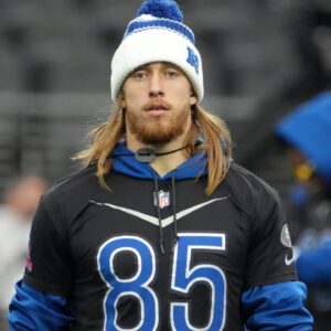 Feb 4, 2023; Paradise, NV, USA; NFC tight end George Kittle of the San Francisco 49ers (85) during practice at Allegiant Stadium. Mandatory Credit: Kirby Lee-USA TODAY Sports