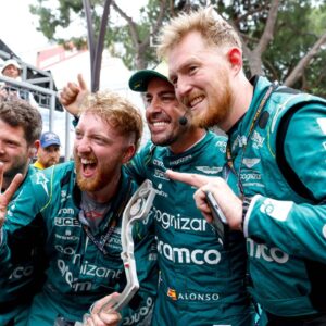 Aston Martin Engineer Empties Fernando Alonso’s Champagne Bottle After Spaniard’s Monaco GP Podium