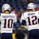 Aug 19, 2017; Houston, TX, USA; New England Patriots quarterback Tom Brady (12) and quarterback Jimmy Garoppolo (10) warm up before the game against the Houston Texans at NRG Stadium. Mandatory Credit: Kevin Jairaj-USA TODAY Sports