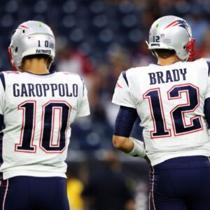 Aug 19, 2017; Houston, TX, USA; New England Patriots quarterback Tom Brady (12) and quarterback Jimmy Garoppolo (10) warm up before the game against the Houston Texans at NRG Stadium. Mandatory Credit: Kevin Jairaj-USA TODAY Sports