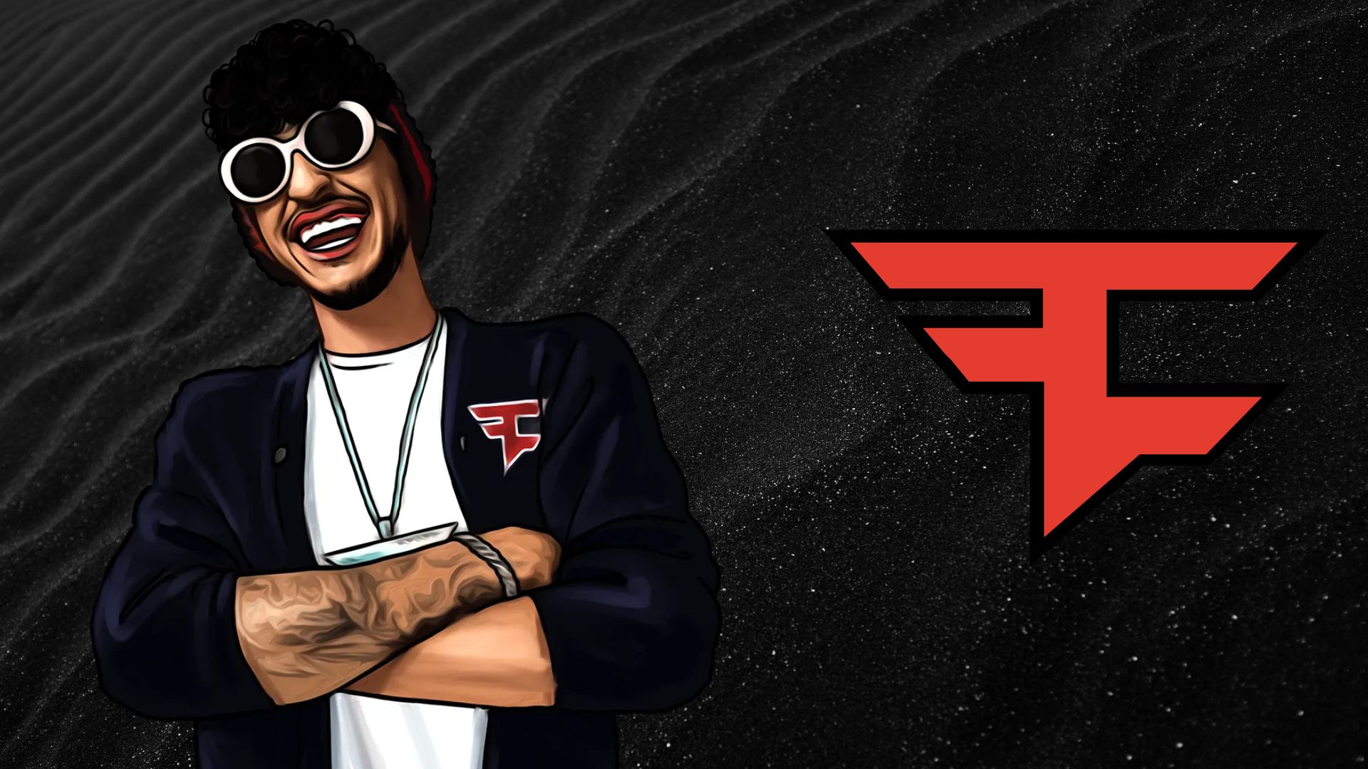 An illustration of FaZe Rain and the org's logo