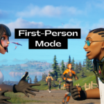 An illustration featuring Fortnite characters with First-Person Mode written in the middle