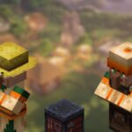 A Minecraft Toolsmith, Smithing Table, and a Farmer with a blurred out Village in the background