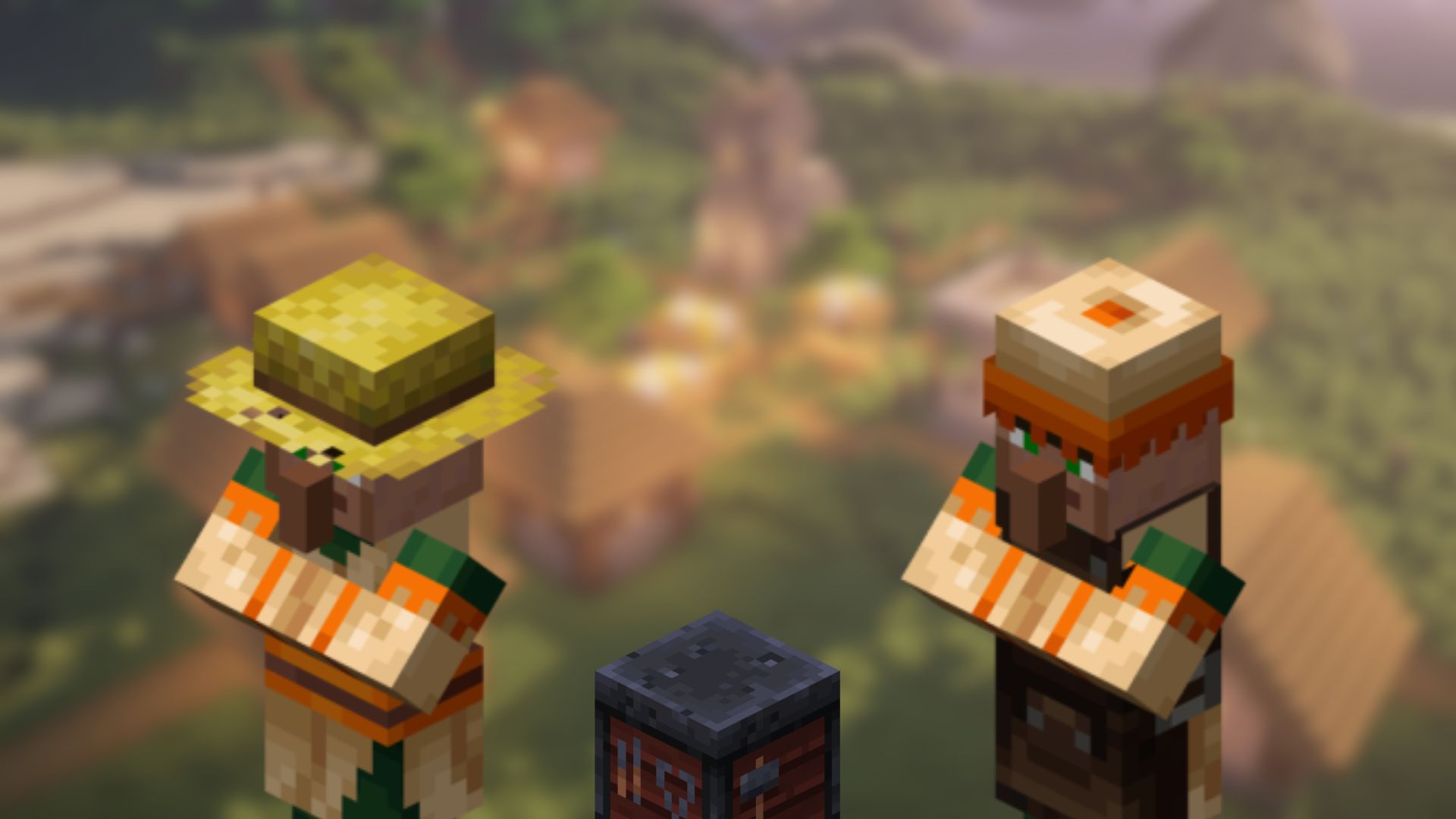 A Minecraft Toolsmith, Smithing Table, and a Farmer with a blurred out Village in the background