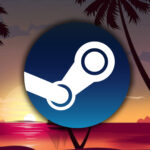 Image with Steam logo on a minimalistic looking beach image with sunset