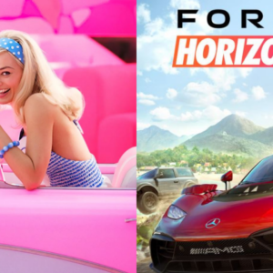 Forza Horizon 5 and Barbie movie crossover illustration