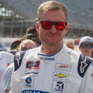 Aug 31, 2019; Darlington, SC, USA; NASCAR Xfinity Series driver Dale Earnhardt Jr. (8) reacts prior to the Sport Clips Haircuts VFW 200 at Darlington Raceway. Mandatory Credit: Joshua S. Kelly-USA TODAY Sports
