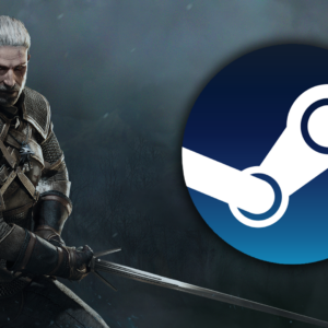 An image of Geralt of Rivia from Witcher with Steam logo on left set to emphasize the game's importance during Steam Summer Sale 2023
