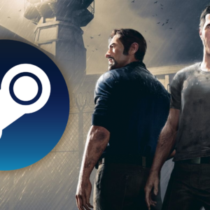 An image displaying two character from A Way Out with Steam logo on right