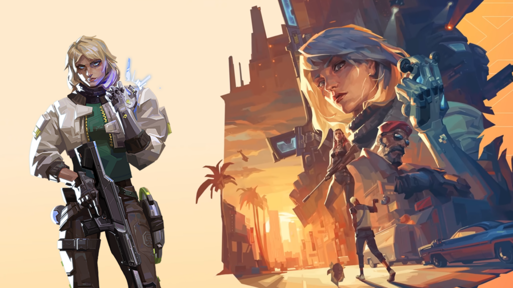 An image showing key art of Deadlock on left and other Valorant agents on right including Brimstone, Reyna and Gekko