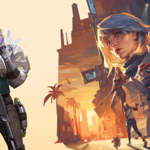 An image showing key art of Deadlock on left and other Valorant agents on right including Brimstone, Reyna and Gekko