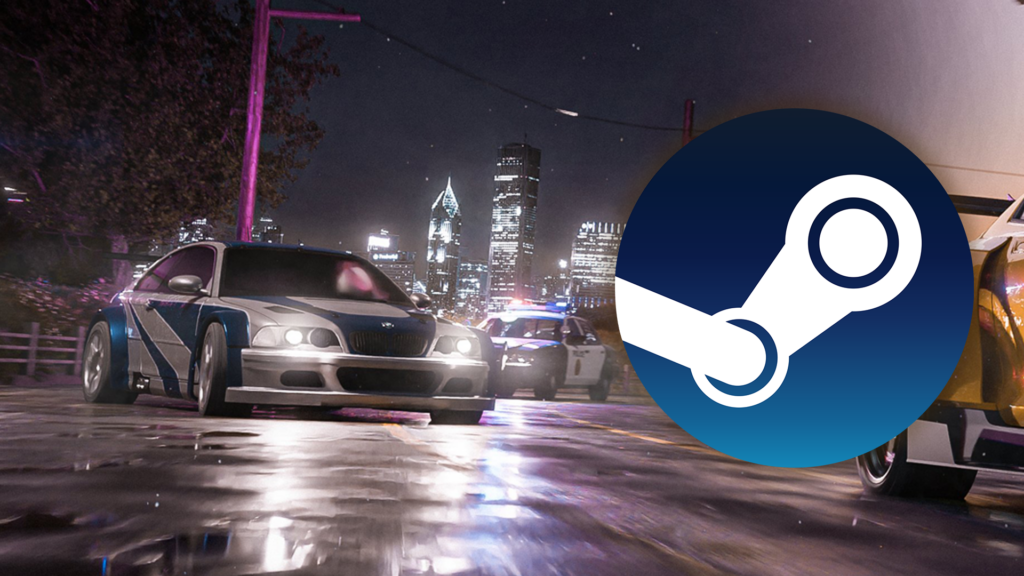 An image displaying BMW M3 GTR in police chase with Steam logo in front