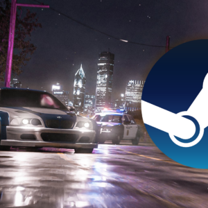 An image displaying BMW M3 GTR in police chase with Steam logo in front