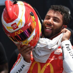 Jun 24, 2023; Nashville, Tennessee, USA; NASCAR Cup Series driver Bubba Wallace (23) after his first qualifying run at Nashville Superspeedway. Mandatory Credit: Christopher Hanewinckel-USA TODAY Sports
