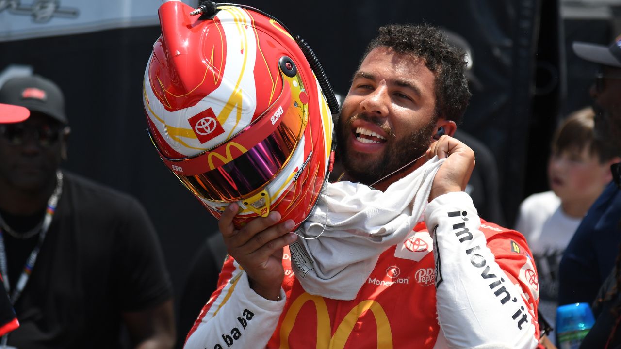 Jun 24, 2023; Nashville, Tennessee, USA; NASCAR Cup Series driver Bubba Wallace (23) after his first qualifying run at Nashville Superspeedway. Mandatory Credit: Christopher Hanewinckel-USA TODAY Sports