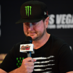 Oct 15, 2022; Las Vegas, Nevada, USA; NASCAR Cup Series driver Kurt Busch speaks announcing he will step away from full time competition in 2023. at Las Vegas Motor Speedway. Mandatory Credit: Gary A. Vasquez-USA TODAY Sports
