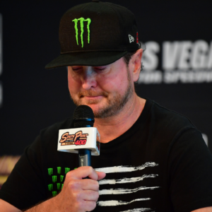 Oct 15, 2022; Las Vegas, Nevada, USA; NASCAR Cup Series driver Kurt Busch speaks announcing he will step away from full time competition in 2023. at Las Vegas Motor Speedway. Mandatory Credit: Gary A. Vasquez-USA TODAY Sports