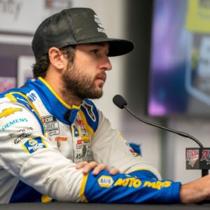 NASCAR Cup Series driver Chase Elliott (9) talks to media prior to qualifying at Talladega Superspeedway.