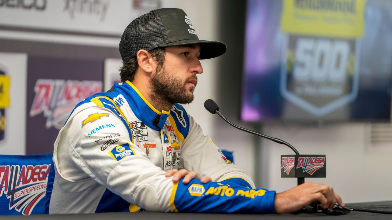 NASCAR Cup Series driver Chase Elliott (9) talks to media prior to qualifying at Talladega Superspeedway.