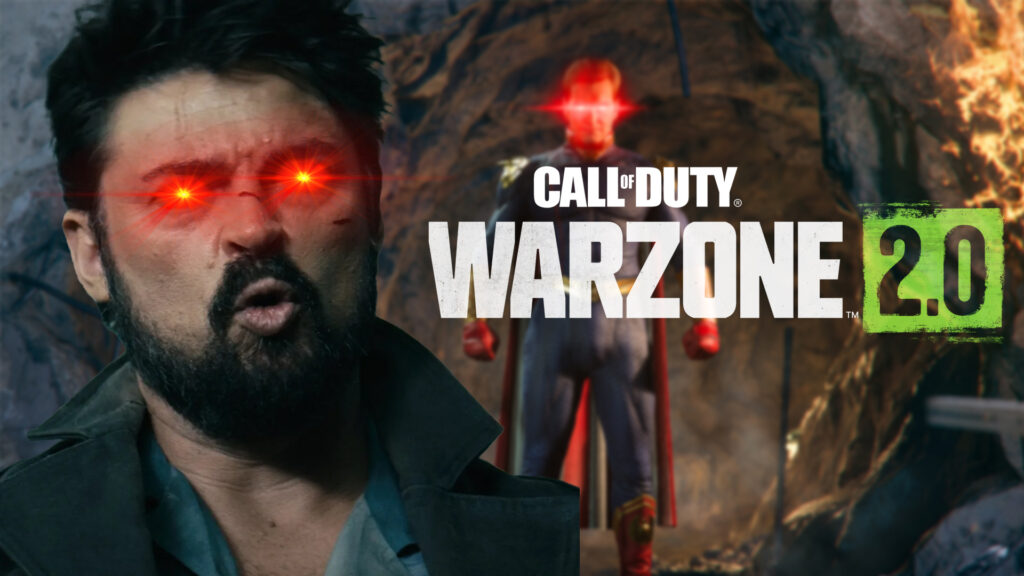 An image showing Billy Butcher from The Boys with Homelander in background and Warzone 2 logo in front.