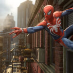 An image showing Marvel's Spider-Man shooting a web-line from a building