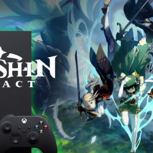 An image showing Xbox Series X on left and characters from Genshin Impact on right with logo