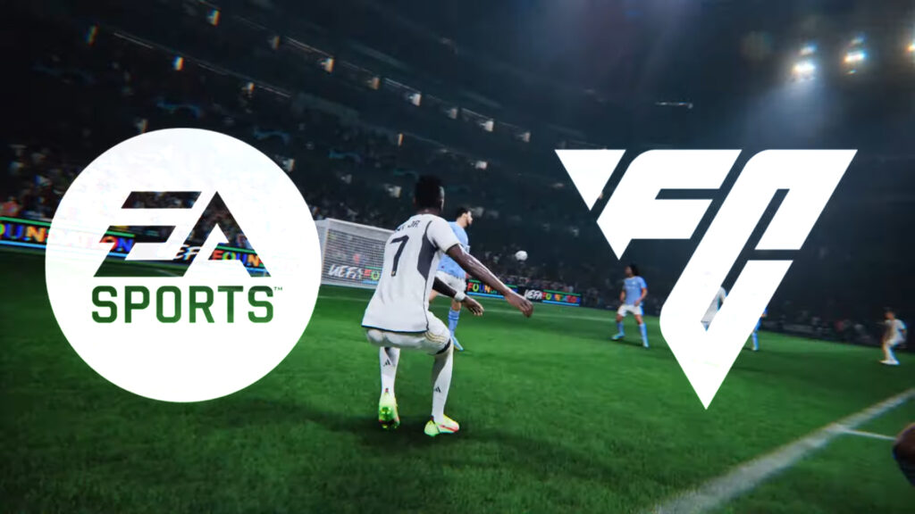 An image showing a football player shooting a ball towards goal in EA Sports FC 24