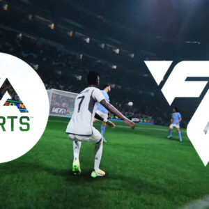 An image showing a football player shooting a ball towards goal in EA Sports FC 24