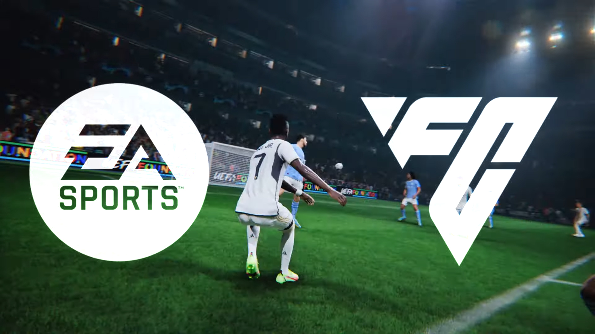 An image showing a football player shooting a ball towards goal in EA Sports FC 24