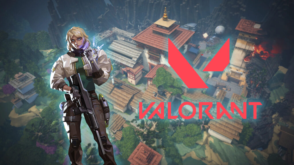 An image showing Valorant's latest Agent Deadlock in front of Haven map with the logo of the game