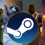 An image showing a collage of games i background with Steam logo in front