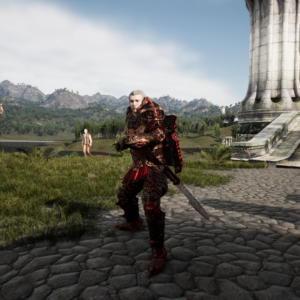 An image showing a character from Elder Scrolls Oblivion with building and house on sides