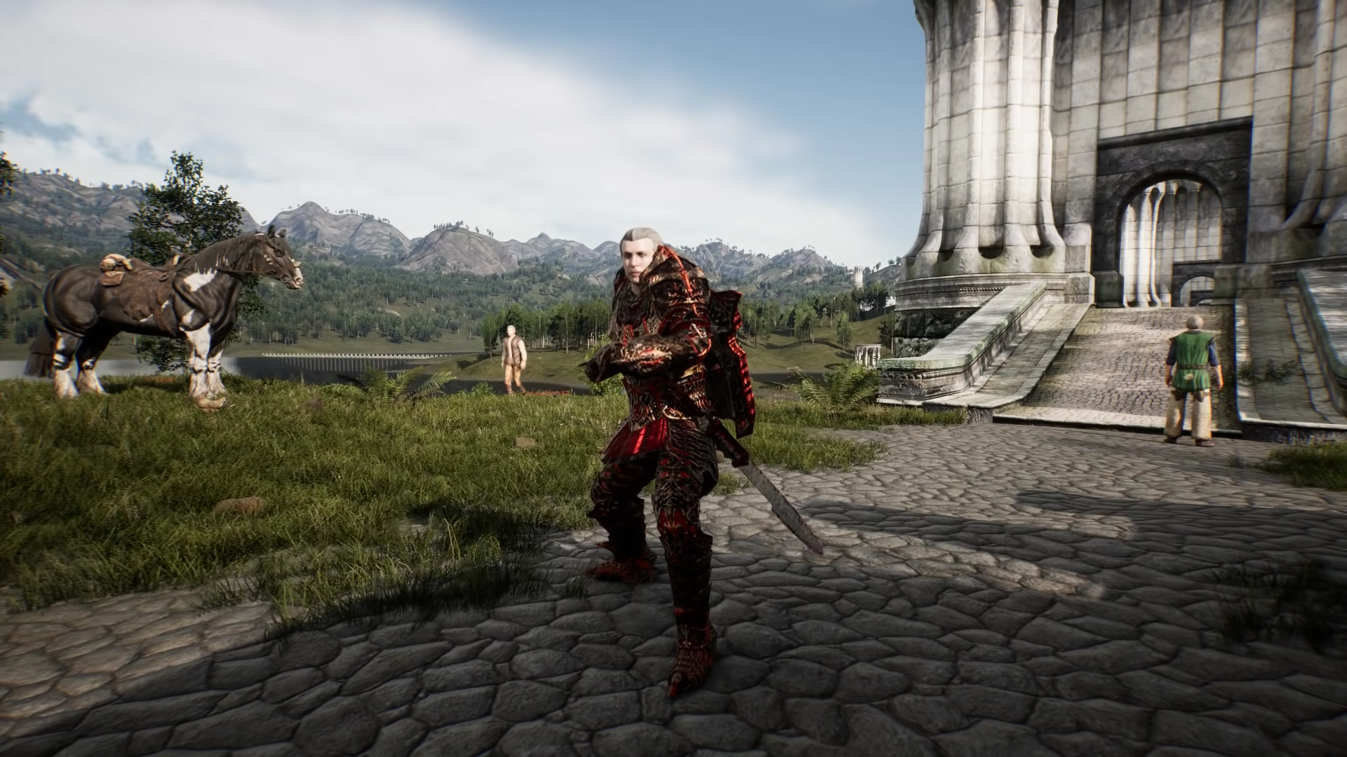 An image showing a character from Elder Scrolls Oblivion with building and house on sides