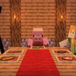 Multiple Minecraft mobs and characters sitting around a table