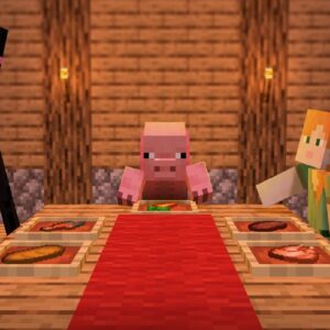 Multiple Minecraft mobs and characters sitting around a table