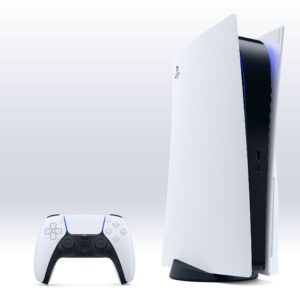 An image showing the PlayStation 5 console with DualSense controller