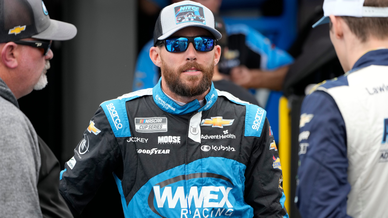 May 19, 2023; North Wilkesboro, North Carolina, USA; NASCAR Craftsman Truck Series driver Ross Chastain (41) in the garage area during truck practice at North Wilkesboro Speedway. Mandatory Credit: Jim Dedmon-USA TODAY Sports