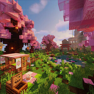 An image showing Minecraft cherry blossom biome with shader mod