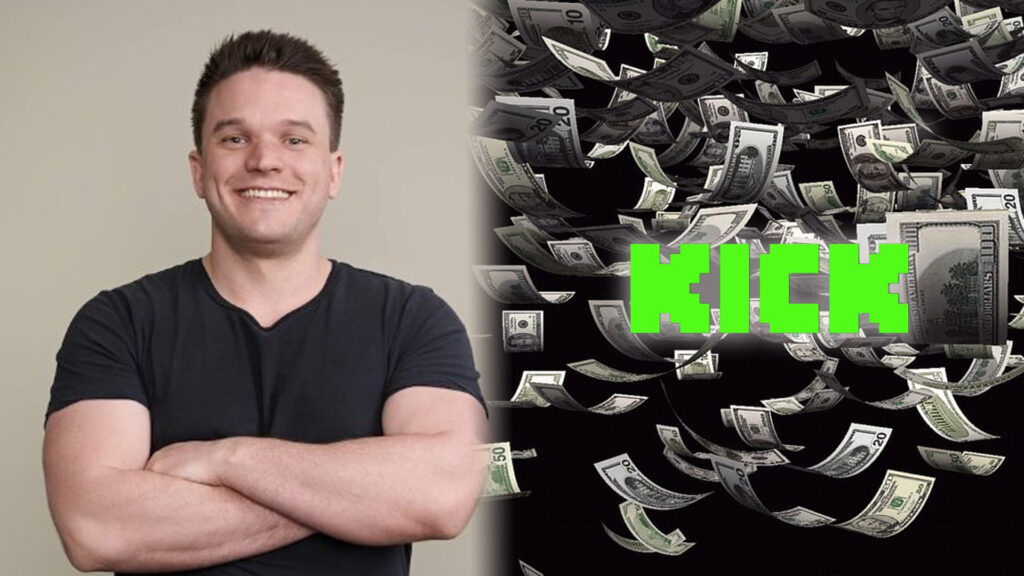 An image of Kick CEO Eddie on left with logo on right with money raining