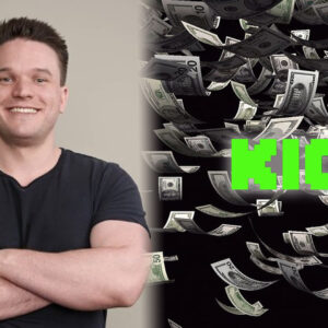 An image of Kick CEO Eddie on left with logo on right with money raining