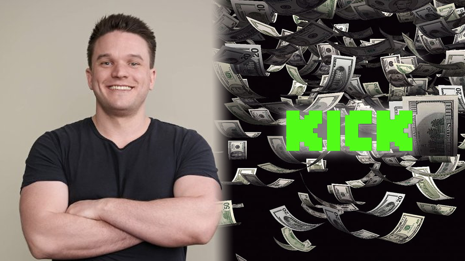An image of Kick CEO Eddie on left with logo on right with money raining
