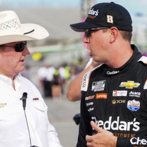 NASCAR Cup Series car owner Richard Childress talks with NASCAR Cup Series driver Kyle Busch (8) during qualifying on pit row at Atlanta Motor Speedway.