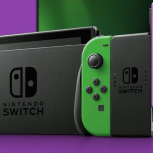 An image showing Nintendo Switch console with green and purple color