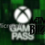 An illustration showing Microsoft and Activision-Blizzard logoes with Game Pass screen blurred in the background